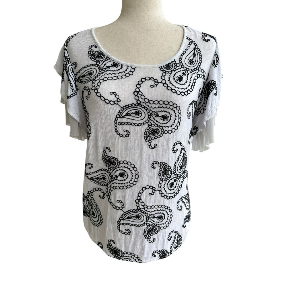 Liv Los Angeles Embroidered Blouse Womens XL White Black Paisley Boho Ruffles